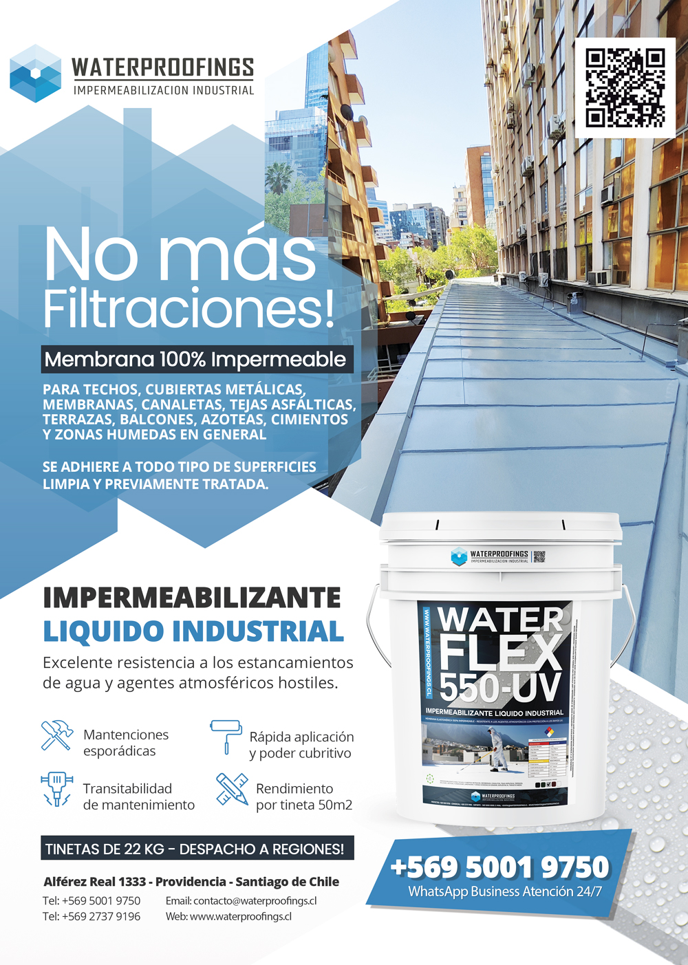 IMPERMEABILIZANTE LÍQUIDO INDUSTRIAL WATERFLEX 550-UV - IMPERMEABILIZANTE PARA TECHOS METALICOS, MEMBRANAS ASFALTICAS, TEJAS, ZINC, CUBIERTAS Y ZONAS HUMEDAS.